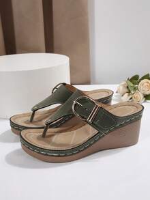 新款女士坡跟厚底人字拖，搭扣设计，轻便材质，厚底人字拖凉鞋，适合夏季休闲、海滩、日常穿着 - 軍綠色 - 查看 2
