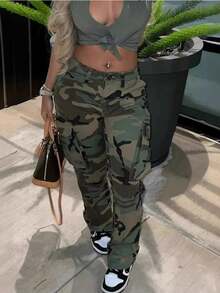 High-Waisted Straight-Leg Camouflage Work Pants For Women. Slimming And Versatile.  And Fashionable. Essential For Daily Casual Wear. Ideal Christmas Gift. - 墨綠色 - 查看 2