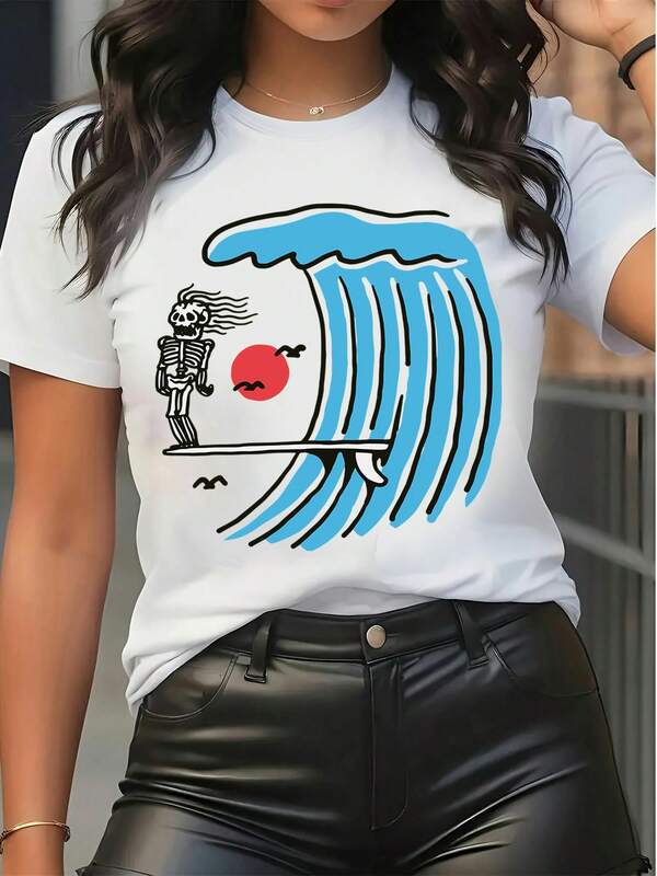 Women's Short Sleeve Graphic Print T-Shirt Skeleton Surfing Wave Red Sun Casual Tee Streetwear Summer Loose Fit Crew Neck Cotton Blend Top