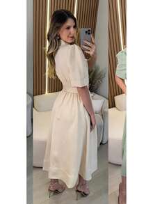 Midi Dress With Belt, Lapel Collar And Princess Sleeves - 裸色 - 查看 3