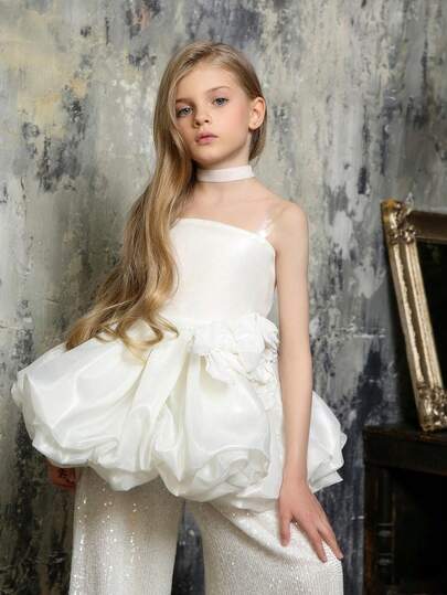 Tween Girl 2pcs Set, White Top And Sequin Wide Leg Pants Dress Set, Floral Decor, Suitable For Girls Birthday Party, Wedding, Flower Girl, Bridesmaid, Prom Luxury Dress