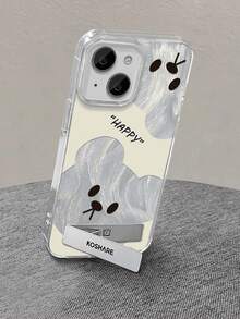 1pc Silver Feather Tulle Cute Cartoon Phone Case With Teddy Bear Design & 3D Metal Stand, Compatible With IPhone 11/12/13/14/15/16/17/Pro Max