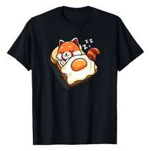 Cute  Anime Kawaii Eggs & Toast Nap Red Panda Lover T-Shirtbody's Natural Curves Without Clinging, Offering A Balanced Mix Of Comfort And A Polished, Slimming Silhouette For Everyday Wear. - Black - View 1