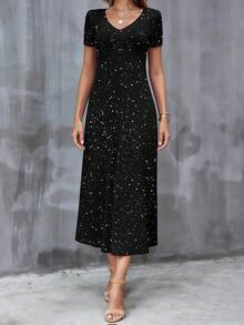 星光闪亮V领短袖纯色中长款休闲优雅亮片连衣裙，适合正式晚宴、度假等场合，黑色夏季款 - 黑色 - 查看 3