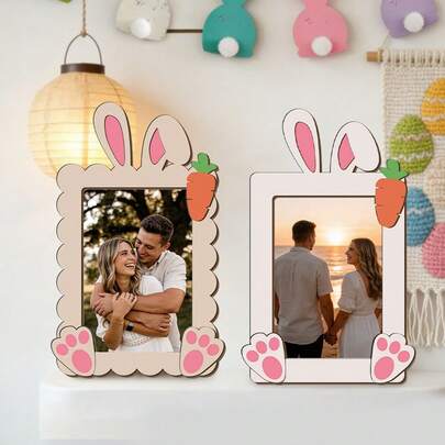 1pc Easter Wooden Photo Frame With Rabbit Ear Design, Suitable For Desktop Decor, Holiday Gift, Display Photos Or Artwork