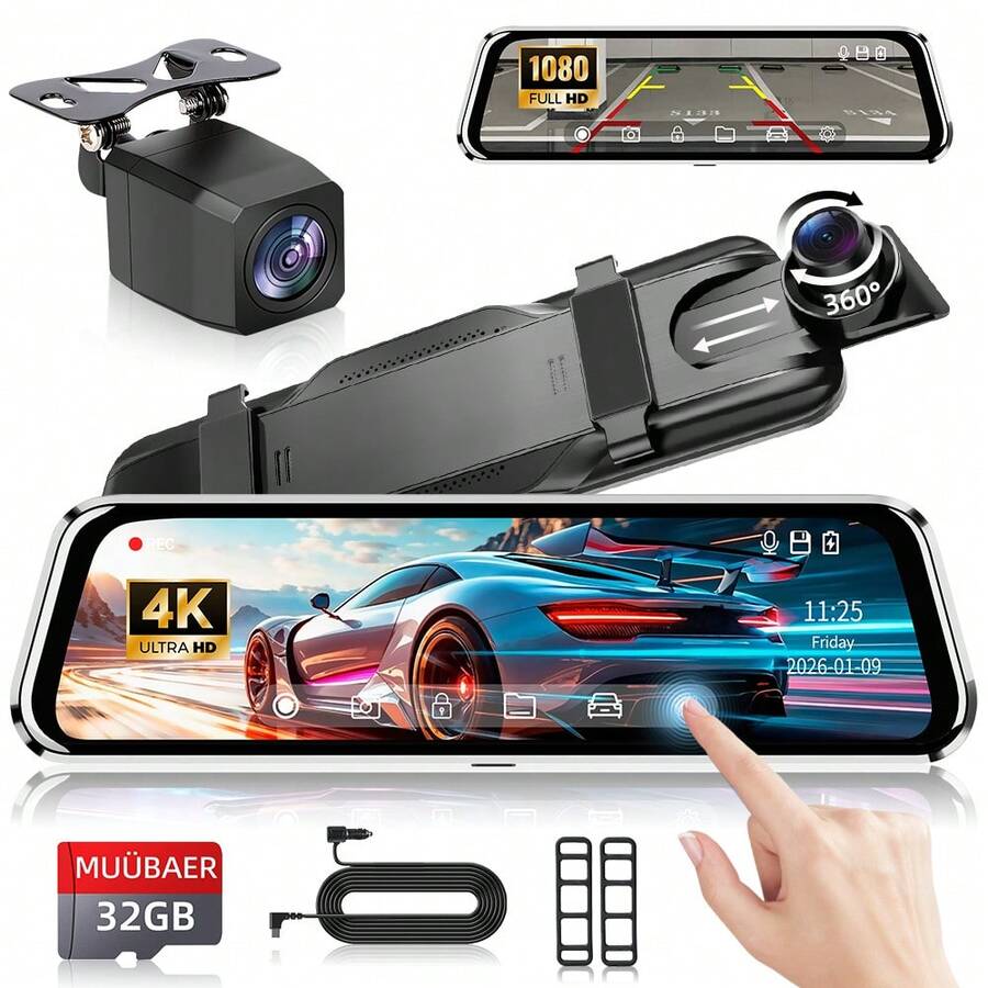 4K 9.66" Curved Mirror Dash Cam - 2.5D Touch Screen With Free 32GB Card & Bonus Gift, Super Night Vision Front And Rear Backup Camera, Auto Dimming Anti-Glare, 170° Wide Angle, Loop Recording - Luxury Edition:4K Dual dashcam+32G Card - 查看 1