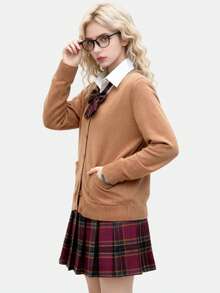 一套日式学院风校服，卡其色针织开衫外套，红色格子高腰百褶裙，长袖内衬，四件套，秋冬款 - 彩色 - 查看 6