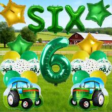26件套拖拉机主题生日派对用品，包含数字气球、乳胶气球、星星气球和拖拉机图案气球，适合绿色拖拉机主题派对 - 彩色 - 查看 3