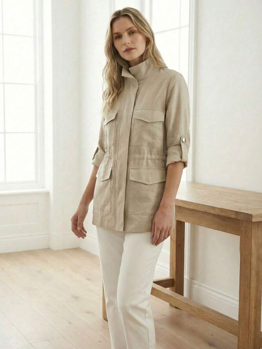 REF: AS1788 - Women's Turtleneck Coat. This Women's Turtleneck Coat Features A Snap Button Design, Two Front Pockets, Two Decorative Pockets, And An Adjustable Inner Belt. - 米色 - 查看 1