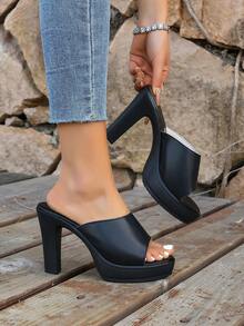12厘米超高跟女式时尚户外粗跟凉鞋 - 黑色 - 查看 6