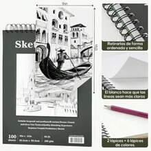 CYPN2Pcs Cuaderno de Bocetos 9x12Sketchbook Dibujo con 8 Lapices Block de bocetos 100 Hojas 68lb/100gsm Libreta de Dibujo Profesional con Papel sin acidos Perfecto para Dibujo.Fashion - como en la foto - Ver 4