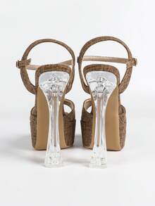 Sandali con tacco alto e plateau in stile europeo e americano, con punta quadrata, antiscivolo, con cristalli trasparenti e strass, tacco alto e sexy, ideali per l'estate - Champagne - Visualizzare 5