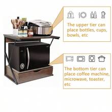Microwave Oven Shelf Stand With Drawer, 2-Tier Kitchen Countertop Storage Rack Spices Rack Freestanding, Home Office Printer Stand Multifunctional Unit Shelving Wood Top Metal Frame - 雙層深胡桃木抽屜櫃 - 查看 7
