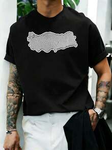 T-shirt nera in cotone con stampa a spirale per l'autunno, cotone morbido, stampa accattivante, casual, traspirante - nero - Visualizzare 1