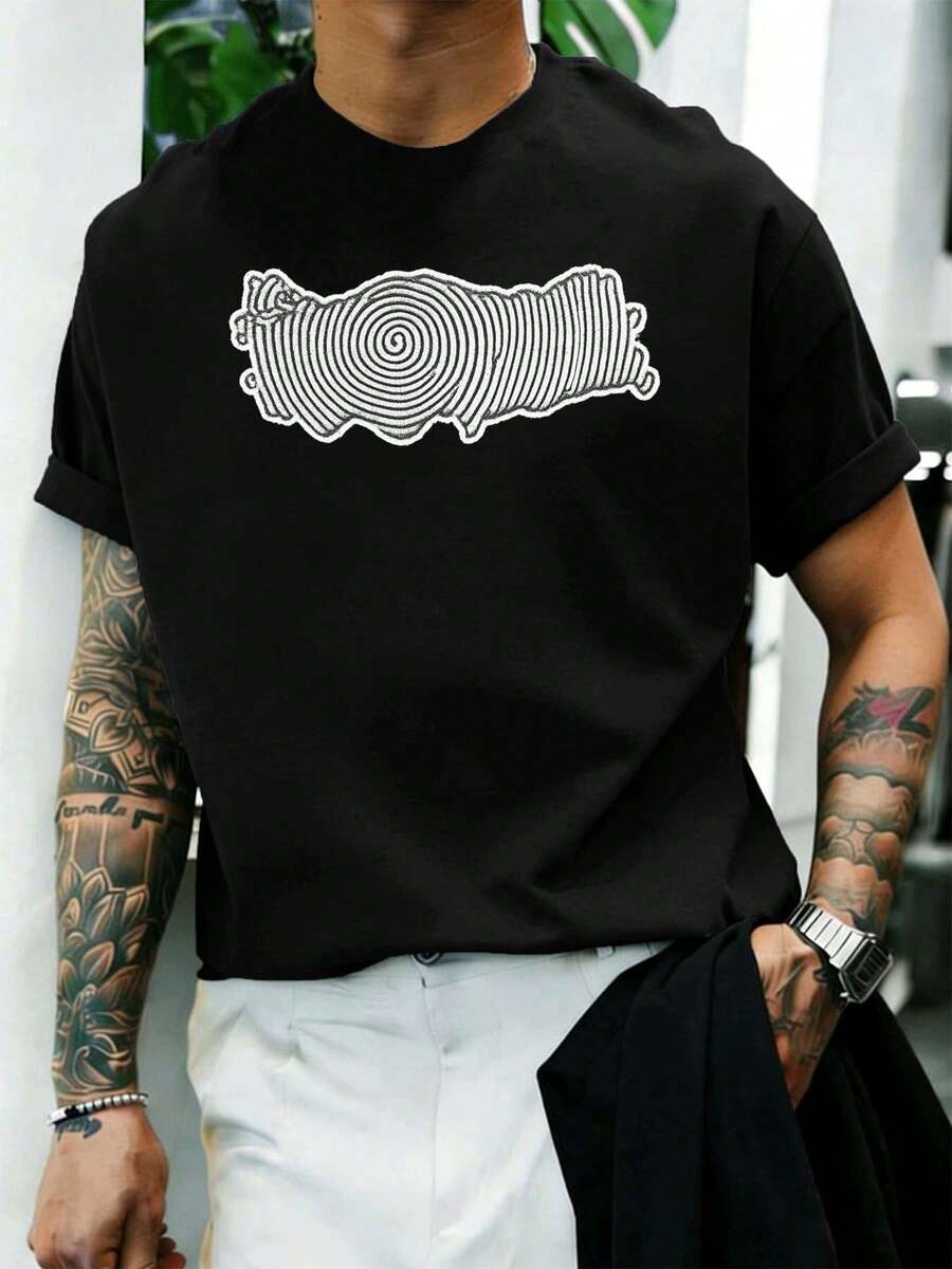 T-shirt nera in cotone con stampa a spirale per l'autunno, cotone morbido, stampa accattivante, casual, traspirante - nero - Visualizzare 1