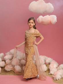 ALISA&LEO Tween Girl Glamorous Shining Off-Shoulder A-Line Dress Multi-Layered Tulle Sequin Splicing Graduation Prom Gown Special Occasion - Champagne - View 6