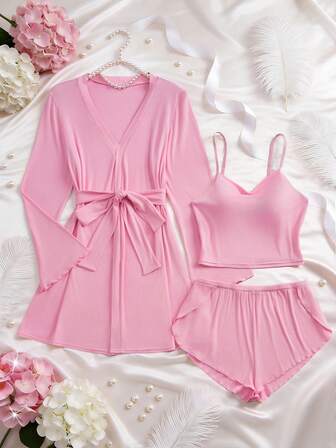 3-delars sexigt pyjamasset för kvinnor, inklusive långärmat nattlinne (med bälte och justerbara remmar), damlinne och lösa shorts (sidosprund), bekvämt stretchigt pyjamasset