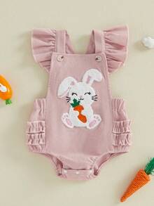 Baby Girl Overalls, Sleeveless Embroidery Rabbit Romper Spring Bodysuit Easter Clothes - Pink - View 6
