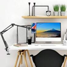 合金金属顶置三脚架支架，适用于相机、网络摄像头、环形灯，长臂可调节高度，带手机支架和球形云台，桌面懒人臂夹式手机支架配件，适用于直播、视频录制，生日礼物 - 01黑色 - 查看 3