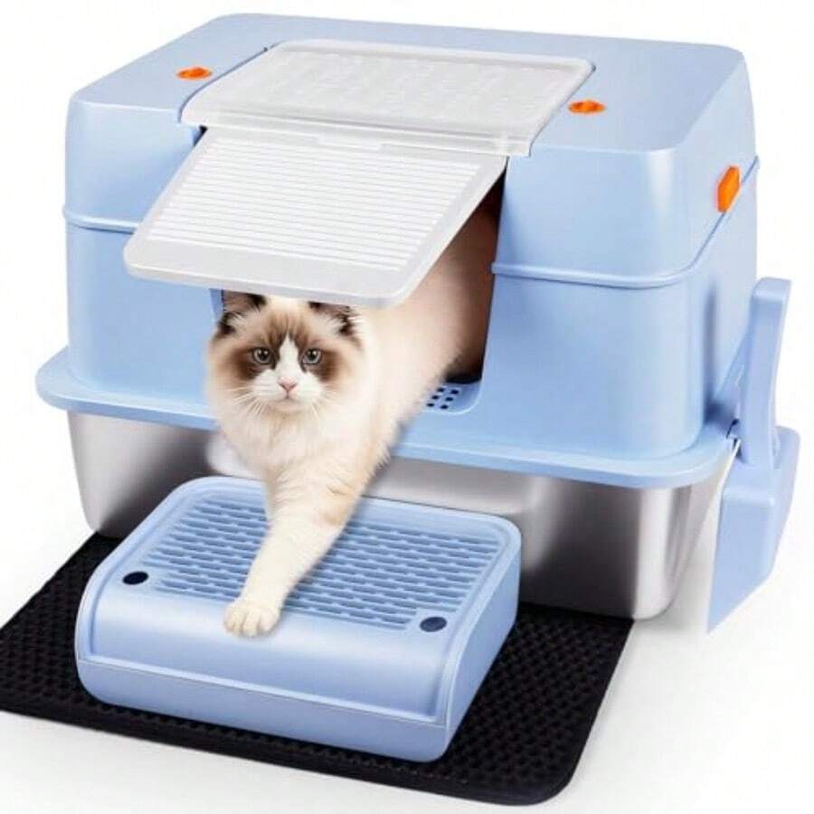 Vivifying - Caja de arena de acero inoxidable con tapa entrada lateral XL caja de arena extragrande para gatos y gatitos grandes sartén de metal extraíble con carcasa de alta cara cuchara estera - Azul - Ver 1