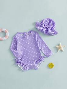 Baby Girl Polka Dot Long Sleeve Rash Guard Swimsuit Set Ruffle One Piece Bathing Suit Bow Swim Cap Infant Beach 2Piece Set - Purple - View 3