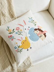 1pc Easter Bunny & Eggs Embroidered Decorative Pillow Cover, Spring Floral Cushion Cover, Suitable For Indoor Decor, Spring/Summer Decorative Pillow Case, Pillow Insert Not Included - Multicolor - View 8