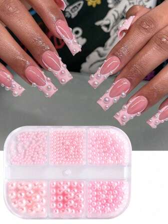 6-Compartment Round Pink Nail Art Pearls, Varying In Size, Cute Pink Beads, DIY Accessories, Nail Art Decorations, Exquisite Resin Ornaments, Nail Art Accessories, Nail Art Gems, Nail Art Supplies, Nail Art