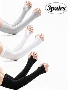 3 双装女士黑色、白色、灰色纯色露指袖套，透气防晒 - 彩色 - 查看 7