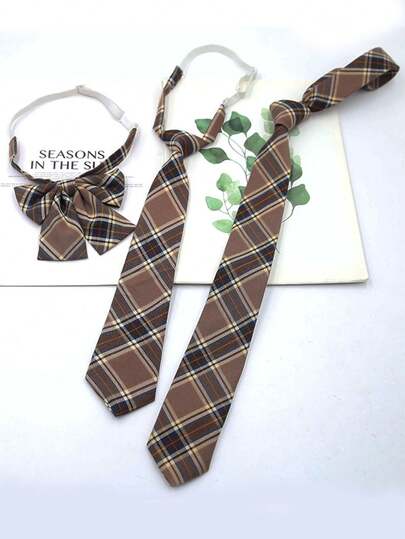 驼色、浅灰色、巧克力色格子领带和领针夹套装，适合办公、休闲、派对、送礼、学术风格