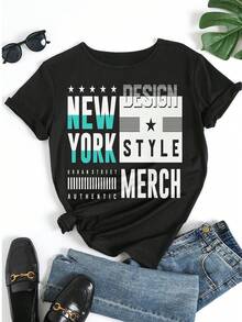 Camiseta gráfica de manga corta para mujer con estampado de letras y estrellas de Nueva York, cuello redondo, casual, para uso diario en verano - Negro - Ver 5