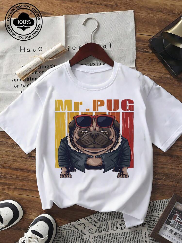Letnia koszulka z krótkim rękawem dla mężczyzn i kobiet, koszulka w stylu vintage z nadrukiem psa Mr.Pug z kreskówkowej kreskówki, luźny krój, luźny top z okrągłym dekoltem, streetwear 2026, modna, oddychająca, miękka, wygodna, do noszenia na co dzień - Biały - Zobacz 1