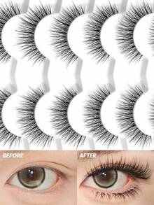 7 Pairs Natural Criss-Cross Full Head False Eyelashes, Transparent Eyelash Stem, Suitable For Daily Wear, Cartoon Style, Travel Essential - 黑色 - 查看 10