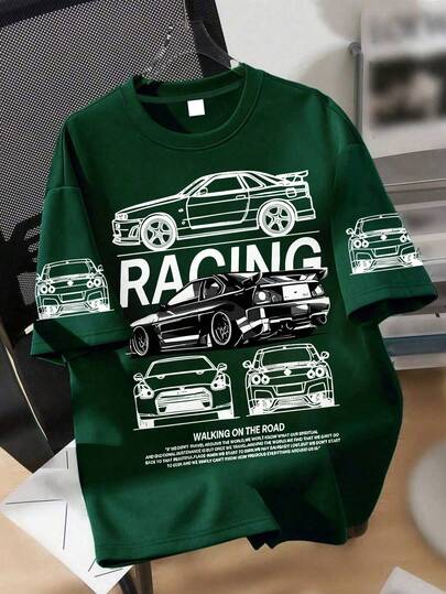 1-Piece Racing Theme Short-Sleeve T-Shirt For Boys, Black & White Line Art Illustration Accent, Soft Fabric, Stylish Youth Spring & Summer Wear