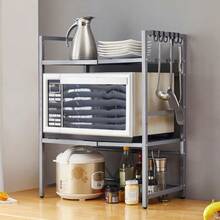 3-Tier Expandable Microwave Oven Rack Countertop For Kitchen, Microwave Shelf Stand Metal With 6 Hooks, Baker Rack, Adjustable Kitchen Shelf Organizer Black - 黑色 - 查看 7