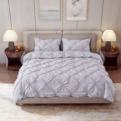 3Pcs Pleated Pintuck Duvet Cover Set With Pillow Cases, Soft Comfortable Breathable Bedding Quilt Covers Bed Sets With Zipper Closure For Home, Hotel, Guest Room, Spare Room, Dorm, Machine Washable, 100% Polyester Fabric, Single Double King Super King Size (1*Duvet Cover + 2*Pillowcase, Without Core)
