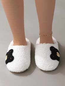Pantuflas suaves con bordado de oso de peluche de dibujos animados lindos para mujeres, pantuflas interiores silenciosas - Blanco - Ver 5