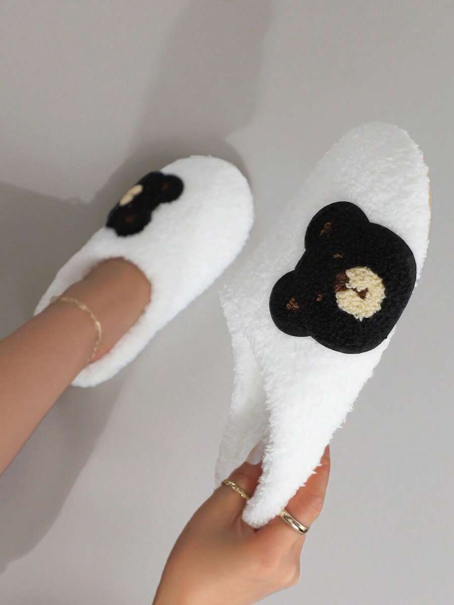 Pantuflas suaves con bordado de oso de peluche de dibujos animados lindos para mujeres, pantuflas interiores silenciosas - Blanco - Ver 1