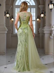 Luxury Beaded & Sequin Embroidered Elegant Mermaid Fishtail Tulle Maxi Dress, Suitable For Cocktail, Wedding, Evening Party - Green - View 4
