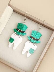 1 对可爱的圣帕特里克节四叶草帽子和牙齿形状亚克力耳环