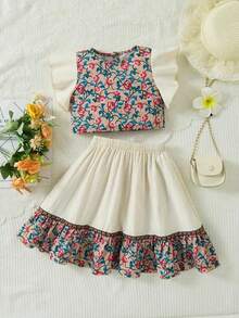 2pcs/Set Ruffle Hem Floral Top + Lace Trim Woven Belt Skirt Geometric Lace Casual Girl Outfit - White - View 2