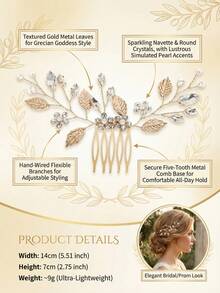 1pc Grecian Goddess Gold Leaf Hair Comb, Handmade Pearl Crystal Bridal Hair Clip, Boho Wedding Prom Party Headpiece