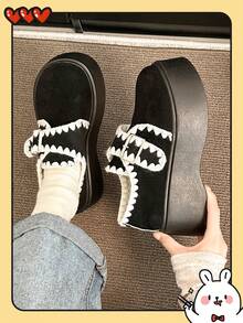 1 Pair Women's Beige Suede Thick-Sole Loafers, Furry Collar Trim, Metal Decor, Warm & Comfortable Lining, Round Toe Chunky Heel Design, Sweet Campus Style Casual Shoes For Winter - Black - View 5