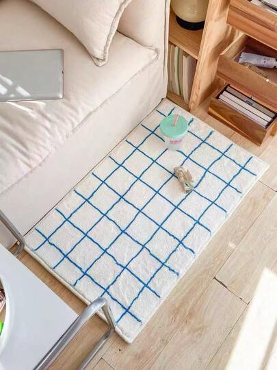 1 件装简约蓝色条纹地毯，柔软舒适的绒面材质，舒适的卧室和客厅地垫，适用于沙发、休息室、卧室或更衣室装饰，ins 风格地毯，家居装饰地毯，卧室装饰地毯，小地毯，创意时尚地毯，客厅地毯，客厅小地毯，卧室地毯，户外地毯，可水洗地毯