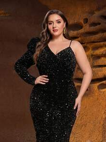 Faeriesty 大码女士优雅美人鱼单肩晚礼服 - 采用不对称领口设计，亮片装饰的修身胸衣，以及凸显身材的美人鱼裙摆 - 完美适用于正式晚宴、新年庆祝活动、婚礼招待会、颁奖典礼和节日派对 - 黑色 - 查看 4