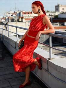 Women's Two-Piece Dress Set, Featuring A One-Shoulder Polka Dot Print Tank Top And A Fitted Long Skirt, Perfect For Elegant Party And Event Wear. - 紅色 - 查看 5