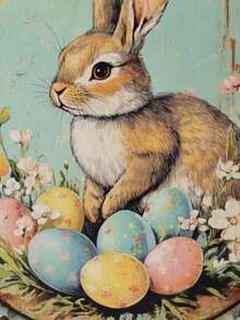 Easter Acrylic Round Bunny Ornament Retro Style Floral Egg Rabbit Hanging Plaque For Holiday - Multicolor - View 4