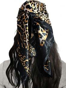 Boho 1 Pc 90cm Women Bandana Leopard Printed Square Scarf, Casual Sunscreen Head Wrap & Neck Scarf, Suitable For Nighttime Breast Wrapping, Sleeping And Daily Wear, Can Be Worn As A Square Scarf, Bandana, Headwrap Or Bandana Top - 黑色 - 查看 9
