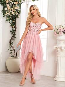 Pink Off Shoulder Asymmetric Hem Bridesmaid Dress With Floral Embroidery & Sequins, Elegant Party Gown For Women, Formal Ball Gown, Cocktail Dress, Birthday Party, Wedding Guest, Graduation, Banquet Spring - hồng - Xem 4