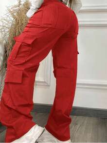 Red Multi-Pocket Buttoned Casual Y2K Elegant And Cute Lightweight Work Pants. Suitable For Back-To-School, Graduation, Clubs, Birthday Parties, Halloween, New Year, Thanksgiving, Concerts, Gyms, Beaches, Vacations, Business, Daily Going Out, Sports, Airport Wear, Street Style, Teacher's Day, Spring, Summer, Autumn And Winter. - Red - View 6
