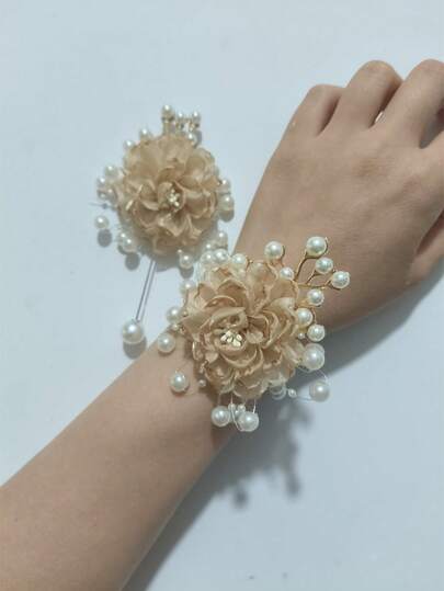 1pc/2pcs Luxury Rose Flower With Small Beads Metal Alloy Combination Camellia Flower And Pearl Chain Wrist Corsage, Suitable For Groom, Bride, Groomsman, Bridesmaid, Wedding, Engagement, Party, Travel, Evening, Campus Celebration, Valentine's Day Decoration